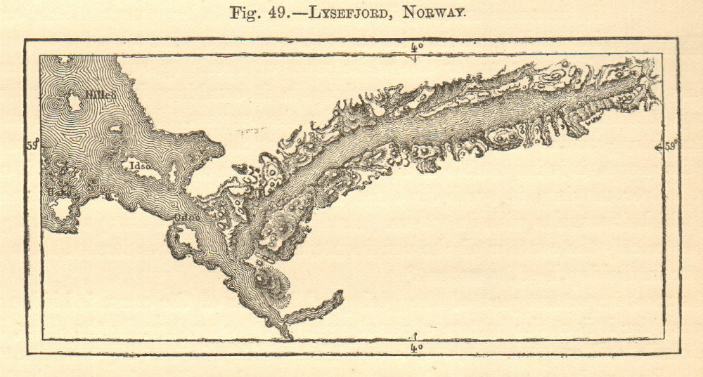 Lysefjord, Norway. SMALL sketch map 1886 old antique vintage plan chart